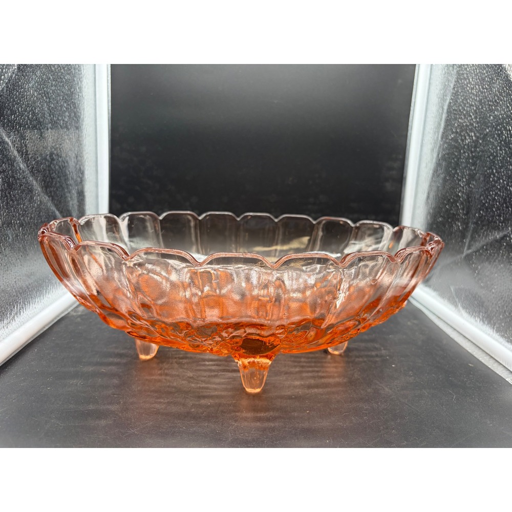 Vintage Pink Depression Glass Fruit Bowl Scalloped Oval Footed Centerpiece 12in